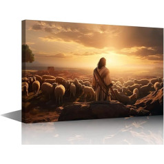 TISHIRON 1 Stück Hirte moderne Wohnkultur Leinwand Wandkunst für Schlafzimmer, Jesus Christus, Poster und Drucke, Schafgemälde, Bild, Büro, Wanddekoration, gerahmt, fertig zum Aufhängen (61 cm B x 91