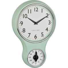 TFA Dostmann Retro analoginis sieninis laikrodis su laikmačiu 60.3073.20 Kiaušinių laikmatis iki 60 minučių Virtuvės sieninis laikrodis su stikliniu dangteliu Vintage dizaino mėtų žalia