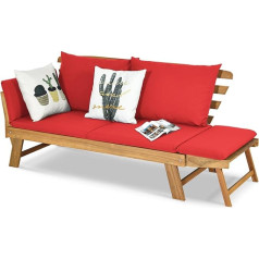 COSTWAY sulankstoma 2 vietų sodo lova iš akacijos medžio su pagalvėlėmis Sodo sofa 2 in 1 su reguliuojamu porankiu 320 kg apkrova kiemui prie baseino (raudona)