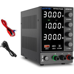 WANPTEK POWER Laboratorinis maitinimo šaltinis 30 V 10 A, laboratorinis maitinimo šaltinis su OCP apsauga/USB-A/Type-C greitojo įkrovimo prievadu, kintamos nuolatinės srovės reguliuojamas maitinimo šaltinis su 4 skaitmenų LED ekrano siųstuvu