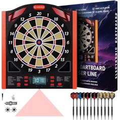WIN.MAX Elektroninių smiginio lėkščių profesionalus rinkinys su lazeriniu metimo / pirštų linijų žymekliu su vokišku balsu - tinka baterijoms / adapteriu 1-8 žaidėjams su 12 smiginių
