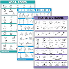 QUICKFIT 3 pakuotės - Jogos pozos + tempimo pratimai + pilateso kilimėlio darbo plakatų rinkinys - 3 treniruočių diagramų rinkinys (laminuotos, 18