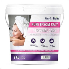 Puerto Verde - Epsomo druska 9 kg Koncentruotas magnio šaltinis. 100% natūralios kilmės Epsomo druska. Vonios druskos, skirtos raumenų skausmams, streso malšinimui ir geram miegui. Europos gamybos