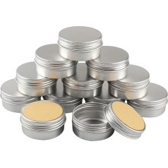 BasicPacking Pakuotė iš 24 tuščių 50 ml sidabrinių apvalių aliuminio skardinių su užsukamu dangteliu Aliuminio skarda Kremo indelis Žvakių skardinės Kosmetikos indeliai Skardinės skardinės Aliuminio skarda su 24 vnt. 40 mm lipdukų