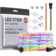 BTF-LIGHTING FCOB COB RGB WS2811 IC adresuojamas LED juosta DC24V 5M 576LEDs/M 16W/M 10mm balta PCB persekiojimo spalva Lanksti didelio tankio LED juosta IP30 ne vandeniui (tik juosta)