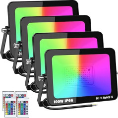 YOJZMA 4 Stück 100 W RGB-Außen-LED-Flutlicht mit Fernbedienung, 16 Farben, 4 Modi, Speicherfunktion, Außen-/Innen-Flutlicht, IP66 wasserdichter Neon-LED-Strahler für Garten, Terrasse, Terrasse, Party