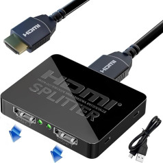 HDMI dalytuvas 1 į 2 išvestis, 4K HDMI dalytuvas dviems monitoriams, 2 prievadų HDMI dalytuvas, 6,5 cm² išvestis, HDMI stiprintuvo dalytuvas Xbox PS4 PS3 Sky Box Fire Stick projektoriui (tik veidrodis, neišplėstas)