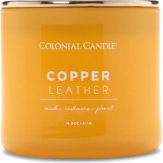 Colonial Candle Kvapnioji žvakė stiklinėje dėžutėje su dangteliu | Vario oda | Kvapnioji žvakė iš odos | Žvakė su 3 dagčiais | Žvakės ilgai dega iki 60 valandų | Žvakės geltonos spalvos (411 g)