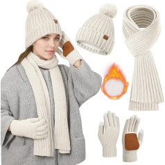 Kepurė, šalikas ir pirštinių rinkiniai moterims, Kepurė Moterų žiemos su Bobble Fleece pamušalu, šalikas Jutiklinis ekranas Pirštinės 3 in 1 rinkinys Moterų kepurės ir šaliko rinkinys Moterų žiemos rinkinys moterims, dovana moterims