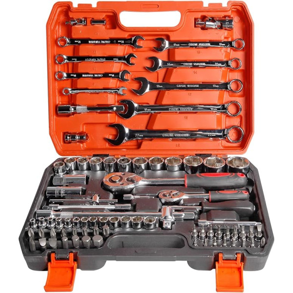 82-teiliges Mechaniker-Steckschlüssel-Set, professionelles Auto-Reparatur-Werkzeug-Set, Schraubenschlüssel-Set, Chargenkopf, Ratsche, Steckschlüssel, Schraubendreher