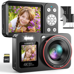 DEATTI 4K skaitmeninis fotoaparatas, FHD 64 MP fotokamera su dviem ekranais, 18X automatinio fokusavimo fotoaparatas, skaitmeninis fotoaparatas paaugliams, kompaktiškas fotoaparatas su 64G SD kortele vaikams, suaugusiesiems, vyresniems pradedantiesiems, 