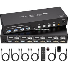 VPFET 4K144Hz HDMI Displayport KVM jungiklis 4 kompiuteriams 2 monitoriams 8K60Hz DP 1.4 HDMI 2.1 4 prievadų KVM jungikliai, skirti 4 kompiuteriams dalytis 2 monitoriais ir 4 USB 3.0 Komplekte yra DC12V adapteris ir 4 USB 3.0 kabeliai