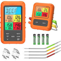 Grilio termometras, belaidis mėsos termometras, skaitmeninis kepimo termometras su 4 zondais, didelis LCD ekranas, 150 m diapazono kepimo termometras su laikmačiu ir žadintuvu, skirtas kepsniams kepti orkaitėje, sode, grilyje