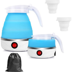 Sulankstomas elektrinis virdulys, 0,6 l sulankstomas stovyklavimo virdulys, mini virdulys kelionei, mažas silikoninis kelioninis virdulys su 2 sulankstomais puodeliais kelionėms, lauke, atostogoms