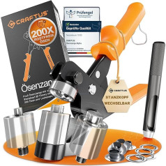 CRAFTUS® Alpha kilpų rinkinys su keičiama perforatoriaus galvute [10 mm] I Kilpų rinkinys brezentams ir audiniams su 200 nerūdijančio plieno kilpų rinkiniu I Kilpų presas su magnetine galvute