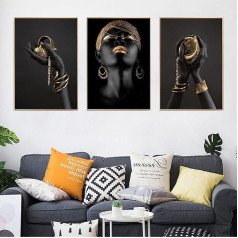 UGZDEA Afrikos moteris drobė paveikslai, rinkinys iš 3, aukso kolekcijos, juoda moterų plakatas, modernus gyvenamasis kambarys, miegamojo apdaila, plakatas paveikslas, be rėmelio (be rėmelio-1, 3 x 50 x 70 cm)