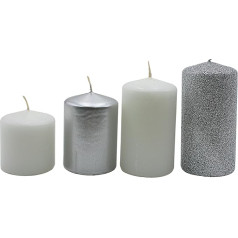 Advento žvakės, stulpinės žvakės, advento vainiko žvakės, stalo žvakės, blokinės žvakės, stalo žvakės, sidabriškai baltos ir sidabro blizgučiais, pakuotė iš 4 vnt., pakopos nuo D/W/H 5 x 5 x 5 cm iki D/W/H 5 x 5 x 9 cm