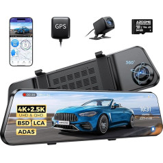 AZDOME 4K veidrodinė prietaisų skydelio kamera automobilio priekyje su 2,5K galine kamera, 5G WiFi automobilinė kamera, 64GB žemėlapis, super naktinio matymo prietaisų skydelio kamera, GPS, valdymas balsu, 12 colių IPS jutiklinis ekranas, 24 val. p