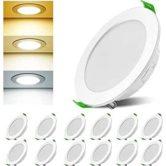 Įleidžiami LED prožektoriai, 230 V, reguliuojamas apšvietimas, 7 W, 12 vnt., įleidžiami šviestuvai, lubų prožektoriai, skylės atidarymas, skersmuo 85-100 mm, IP44, itin plokšti LED prožektoriai vonios kambariui, svetainei