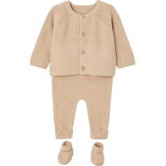 Vertbaudet kūdikių mezgimo rinkinys: Megztinis, kelnės ir batai Oeko-Tex Beige Mottled 56, smėlio spalvos viržiai, 56