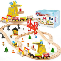 SYNCFUN 60 dalių Montessori medinių traukinių rinkinys žaislas nuo 3 4 5 6 7 8 metų vaikams - BAU-Express, inžinerinis traukinys su magnetiniu kranu, traukiniais ir priedais, dovana berniukams ir mergaitėms