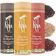 Khla - 3 Kampot Pepper Gift Set - Black, White, Red Kampot Peppercorns Set - 3 x 120 g - Gourmet Spice Set - Gift Idea for Men and Women - Christmas, Birthday - From Cambodia