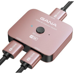 GANA 8K HDMI skirstytuvas, HDMI 2.1 jungiklis Ultra HD 48Gb/s aliuminio dvikryptis HDMI jungiklis 2 in 1 Out arba 1 in 2 Out HDMI jungiklis, HDMI skirstytuvas palaiko TV/PS5/Xbox