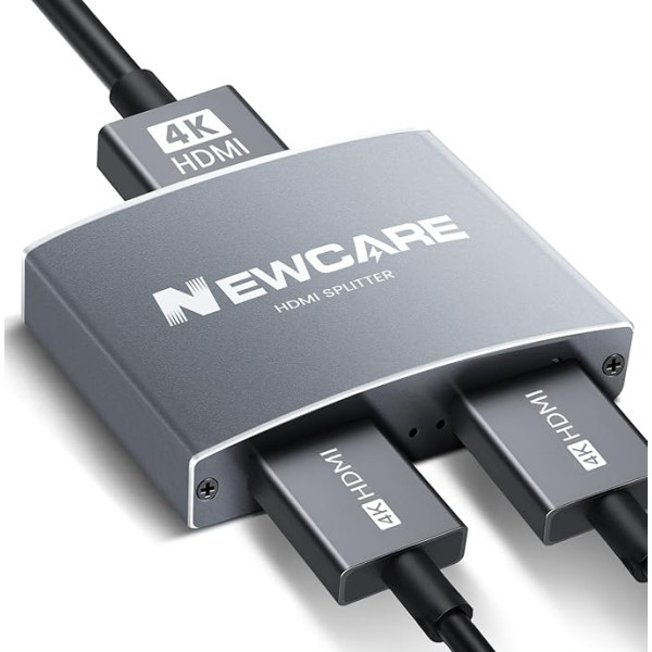 NEWCARE HDMI skirstytuvas 1 į 2 išvestis su 1,2 m HDMI kabeliu, aliumininis 4K HDMI skirstytuvas nuo 1 iki 2 (tik dviejų monitorių dubliavimas / veidrodis), HDMI skirstytuvas 2 monitoriams vienu metu, skirtas 