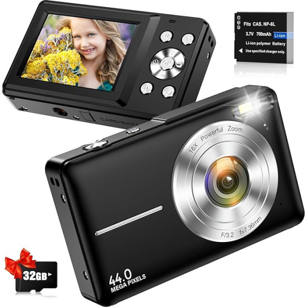 Skaitmeninis fotoaparatas 1080P 44MP Fotoaparatas Kompaktiškas fotoaparatas Skaitmeninis fotoaparatas su 16x priartinimu, 32 GB kortele, 2,4 colių LCD ekranu Skaitmeniniai fotoaparatai paaugliams pradedantiesiems berniukams mergaitėms (juodas)