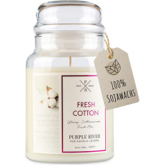 Purple River Candle Didelė kvapioji žvakė stiklinėje su dangteliu Šviežia medvilnės kvapioji žvakė Medvilninės žvakės Ilgas degimo laikas (140 val.) Kvapioji žvakė Sojos vaško žvakės Balta (623 g)