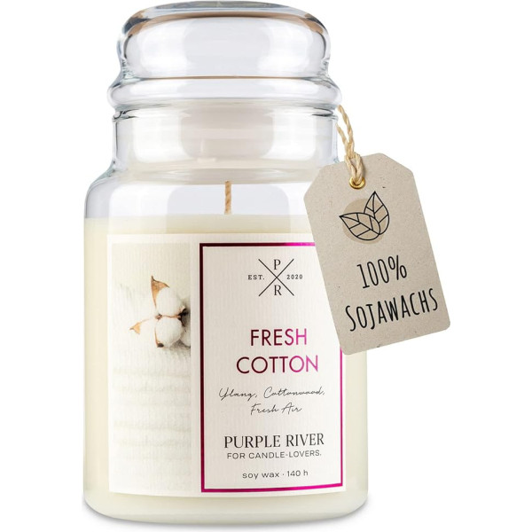 Purple River Candle Didelė kvapioji žvakė stiklinėje su dangteliu Šviežia medvilnės kvapioji žvakė Medvilninės žvakės Ilgas degimo laikas (140 val.) Kvapioji žvakė Sojos vaško žvakės Balta (623 g)