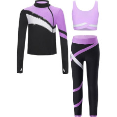 Freebily mergaičių dailiojo čiuožimo kostiumas Sportiniai drabužiai Crop Tank Top ilgomis rankovėmis Sweatshirt Leggings 3 dalių rinkinys Kids Ice Skating Dance Suit