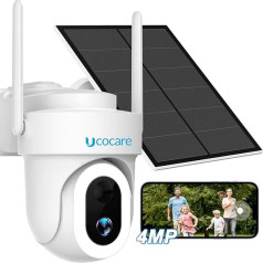UCOCARE 4MP QHD lauko saulės stebėjimo kamera su 14 LED žibintų, 360°/120° PTZ kamera WLAN su 15000 mAh akumuliatoriumi ir 5 W saulės kolektoriumi, 30 m spalvotas naktinis matymas, humanoidų aptikimas / PIR