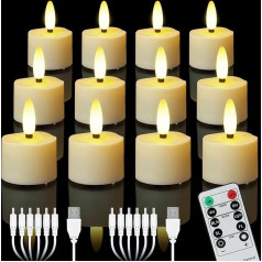 ZIYOUDOLI 12 įkraunamų LED arbatos žibintų su nuotolinio valdymo laikmačiu Mirguliuojančios šiltos baltos spalvos apšviečiamos USB elektrinės įkraunamos žvakės, tinkančios Kalėdoms, vestuvėms, vakarėliams