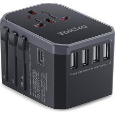 EPICKA kelioninis adapteris visame pasaulyje, 28 W kelioninis kištukinis adapteris visame pasaulyje, tarptautinis kištukinis adapteris su 4 USB-A, 1 USB-C, universalus kelioninis adapteris JAV, JK, ES, Japonijai, Tailandui, Australijai, TA-105,