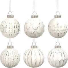 Pakuotė iš 6 ūkio Bauble ornamentai nusiminęs metalo stiklo kamuolys derliaus stiliaus Kalėdų Baubles Retro Kalėdų ornamentai stiklo ornamentai Kalėdų eglutė (balta)