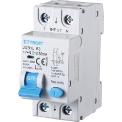 A tipo automatinis jungiklis, 1P+N 6KA 30mA 220V, užimtas 2 DIN moduliais (1P+N 10A 6KA 30mA)