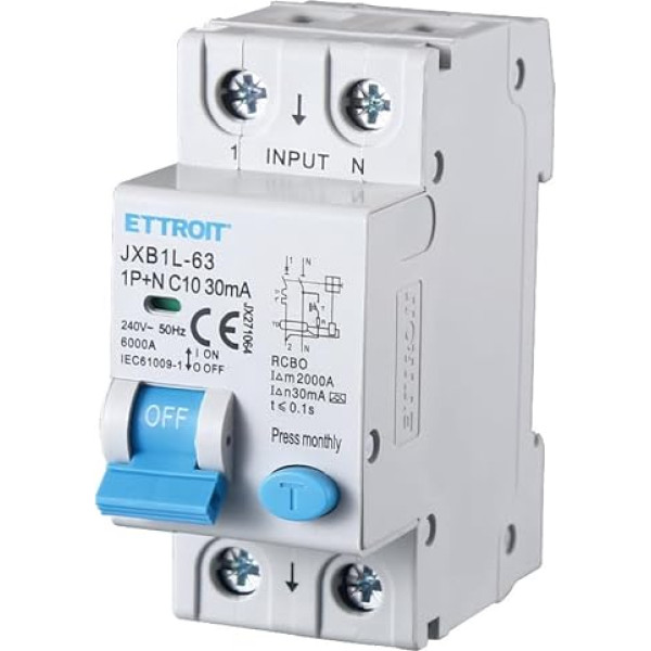 A tipo automatinis jungiklis, 1P+N 6KA 30mA 220V, užimtas 2 DIN moduliais (1P+N 10A 6KA 30mA)