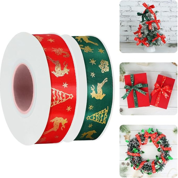 Moorle 2 Rollen x 22 m Weihnachtsband, Ripsband für Geschenkverpackungen, rotes und grünes Weihnachts-Satinband, Weihnachts-Musterbänder für Weihnachtsbaum, Weihnachtskranz, Weihnachtskuchen, DIY