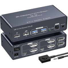 VEDINDUST 2 x DisplayPort KVM jungiklis 2 kompiuteriai 2 monitoriai 4K120HZ 8K60HZ Aliuminis DP 1.4 KVM jungiklis Dviejų monitorių dalijimasis 4 USB įrenginiais (USB C nepalaiko vaizdo perdavimo)