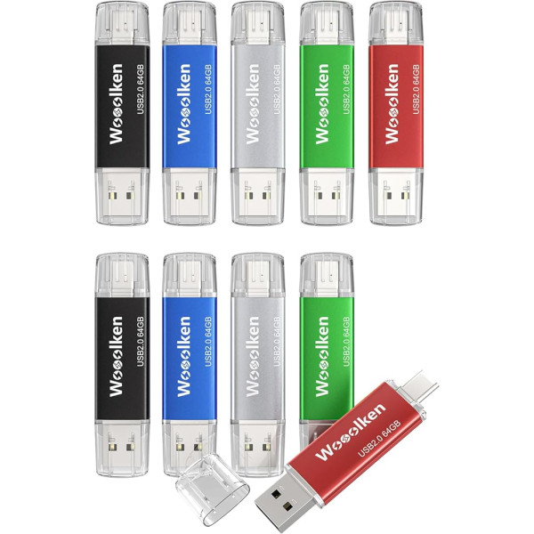 WOOOLKEN USB C atmintinė 64 GB, 10 vnt., USB 2.0 dviguba atmintinė 
