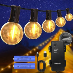 DSLebebeen Lauko akumuliatoriniai festooniniai žibintai: Įkraunamas 5000mAh akumuliatorius, veikiantis G40 LED šviesos diodų styginių žibintų - vandeniui atsparus 12M dekoratyvinių lempučių apšvietimas su laikmačiu, nešiojamas sodui