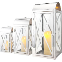 TRIROCKS 3 nerūdijančio plieno žvakių žibintų rinkinys 28/38,5/52 cm aukščio metaliniai žvakių laikikliai su grūdintu stiklu, skirti namų apdailai, gyvenamajam kambariui, vakarėliams, renginiams, vykstantiems uždarose patalpose lauke (sidabr