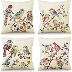 BCKAKQA 4 pagalvių užvalkalų rinkinys 18x18 colių Paukščiai Boho Kvadratinis lininis dekoras gyvenamajam kambariui Miegamasis Sofa Kanapa Lova Spalvingas 4 komplektas