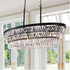 TOCHIC Crystal Chandelier Black 6-Light 102 cm Long Modern Crystal Pendant Light Valgomojo stalo pakabinamas lubų šviestuvas Lustre Living Room Pendant Light Country House Pendant Lamp Oval