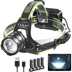 PEAKRO LED įkraunamas priekinis žibintas, itin ryškus 90 000 liumenų, 5 režimai, LED priekinis žibintas, raudona galinė šviesa, 9000 mAh, USB įkraunamas priekinis žibintas, IP65 atsparus vandeniui, skirtas stovyklavimui, bėgimui, darbui