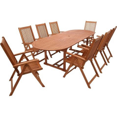 DEGAMO Lago lauko sodo baldų komplektas XL dizainas 9 dalių rinkinys 8 x reguliuojamos sulankstomos kėdės 1 x išskleidžiamas stalas 260 x 100 cm ovalo formos eukalipto mediena rudai alyvuota