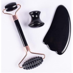ICXLPMC House Collection Jade Sawtooth Face Roller GuaSha įrankių rinkinys Natūralus juodas Obsidiano kristalų akmuo 3 dalių Sawtooth