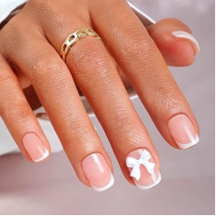 Französische künstliche Nägel, quadratisch, mit eleganter weißer Schleife, zum Aufdrücken der Nägel mit Klebstoff, glänzende Nägel zum Aufkleben, mit Nagelkleber, für Frauen und Mädchen, 24 Stück