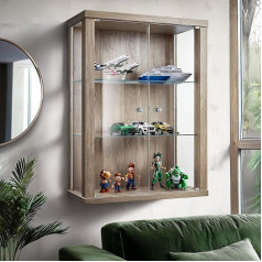 K-Möbel Pakabinama stiklinė Sonomos ąžuolo vitrina (80 x 60 x 25 cm) su 2 reguliuojamo aukščio stiklinėmis lentynomis - Sonomos ąžuolo automobilių modelių vitrina Sonomos ąžuolas - Kolekcionavimo vitrina - Stiklas